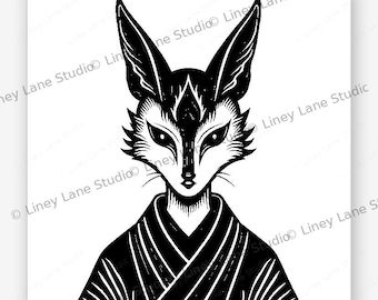 Samurai Maske SVG Laser Gravur Datei Fuchs Schrein weiblich Japanischer Krieger Digitaler Download Holzkunst