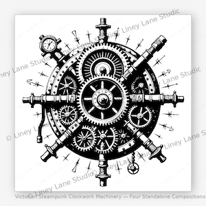 Puede incluir: Ilustración en blanco y negro de maquinaria de relojería steampunk victoriana. La imagen presenta una compleja disposición de engranajes, tuberías y un pequeño reloj. El texto dice "Victorian Steampunk Clockwork Machinery - Four Standalone Compositions".