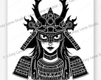 Samurai-Maske SVG Lasergravurdatei Vier heilige Masken Drache Shogun weiblich Japanischer Krieger Kunst