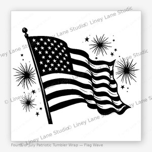 May include: A black and white graphic design featuring a waving American flag attached to a flagpole. The design includes several star shapes and stylized firework bursts surrounding the flag. The text Liney Lane Studio is repeated across the image.