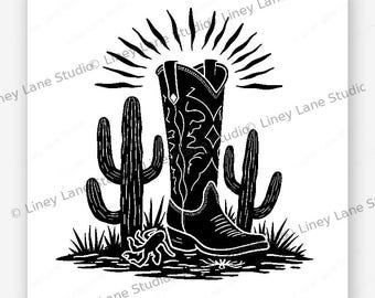 Western Kaktus Stiefel Lasergravur SVG Datei Rustikal Cowboy Wüste Wrap Design Digital Download