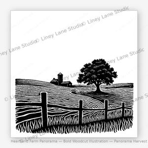 Farm Harvest Panorama SVG File | Woodcut Heartland Fence Fields Rustic Americana Farmhouse | Digital Download