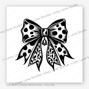May include: A black and white graphic illustration of a decorative bow featuring a polka dot pattern on the upper loops and a leafy foliage pattern on the lower tails, with a small bell hanging from the centre knot, labelled Cow Print Coquette Festive Wrap.