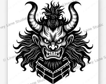 Oni Kriegsherr Samurai Maske SVG Laser Gravur Datei Japanischer Dämon Krieger Digital Download Holzbrand Design