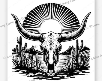 Western Longhorn Sonnenuntergang Laser Gravur SVG Datei Rustikal Cowboy Wüste Digital Download