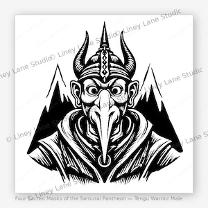 May include: Black and white illustration of a Tengu Warrior Male mask. The mask features a long nose, horns, and a detailed helmet. The image includes the text "Four Sacred Masks of the Samurai Pantheon - Tengu Warrior Male."