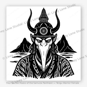 May include: Black and white illustration of a Tengu Warrior Female mask. The mask features a long nose, a horned helmet, and is set against a backdrop of two mountain silhouettes. The text at the bottom reads "Four Sacred Masks of the Samurai Pantheon - Tengu Warrior Female."