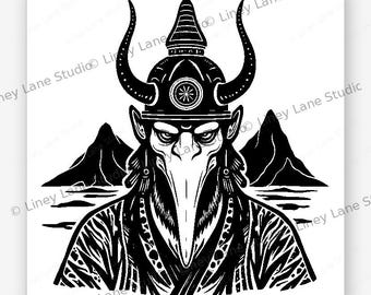Samurai Maske SVG Laser Gravur Datei Tengu Krieger weiblich Japanisch Holz brennen Digitaler Download