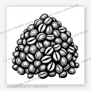 May include: Black and white illustration of a mound of coffee beans. The beans are densely packed, with each bean showing detailed linework. The image is labeled "Dark Roast Dense Tile - Bean Mound."