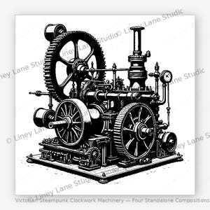 Könnte beinhalten: Schwarz-Weiß-Illustration viktorianischer Steampunk-Uhrwerkmaschinen. Das detaillierte Design zeigt große Zahnräder, Räder und verschiedene mechanische Komponenten. Der Text "Victorian Steampunk Clockwork Machinery - Four Standalone Compositions" ist unten.