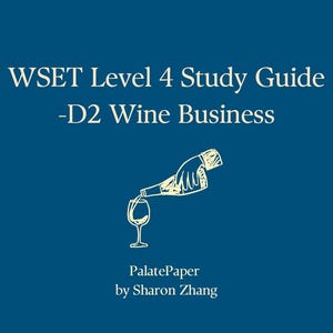 Op de afbeelding: Een donkerblauwe boekomslag met de tekst "WSET Level 4 Study Guide -D2 Wine Business". Daaronder een illustratie van wijn die in een glas wordt geschonken. Het boek is van PalatePaper, Sharon Zhang, en behandelt de jaren 2025-2026.
