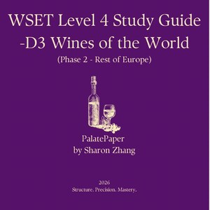 May include: A purple book cover with the title "WSET Level 4 Study Guide -D3 Wines of the World" and the subtitle "(Phase 2 - Rest of Europe)". The cover also features a wine bottle and glass illustration, the author's name, and the year 2026.