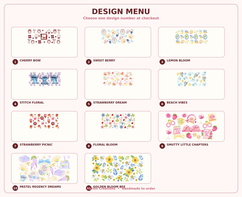 K&ouml;nnte beinhalten: Ein Designmen&uuml; mit 11 verschiedenen Designoptionen, jeweils in rechteckigem Format. Die Designs umfassen Illustrationen von Kirschen, Beeren, Zitronen, Stitch, Erdbeeren, Strandelementen, Picknickartikeln, Blumen und mehr. Der Text oben lautet "DESIGN MENU".