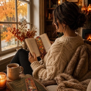 A woman in a cream sweater reads a book by a window next to a mug and another book with a stained-glass bookmark.