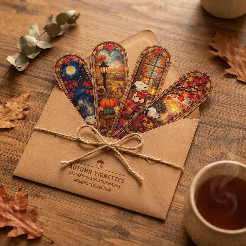 Four autumn stained-glass bookmarks neatly packaged in a craft paper envelope tied with twine on a rustic wooden table with fall leaves.