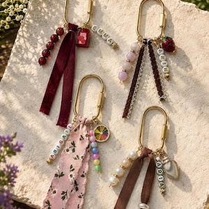 Beaded Bag Charm, Personalized Name Clip with Ribbon Decoration