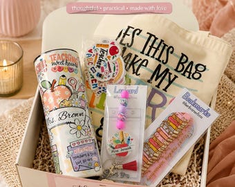 Personalized Teacher Gift Box | Stainless Steel Cup, Tote Bag, Lanyard, Bookmark, Stickers