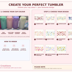 K&ouml;nnte beinhalten: Eine Produkt&uuml;bersicht f&uuml;r individuelle Becher. Die &Uuml;bersicht zeigt f&uuml;nf schimmernde Becherfarben: Pink, Mint, Hellrosa, Lavendel und Wei&szlig;. Elf Designoptionen werden angezeigt, darunter Blumen-, Obst- und Charakterthemen. Der Text lautet: "Erstelle deinen perfekten Becher."