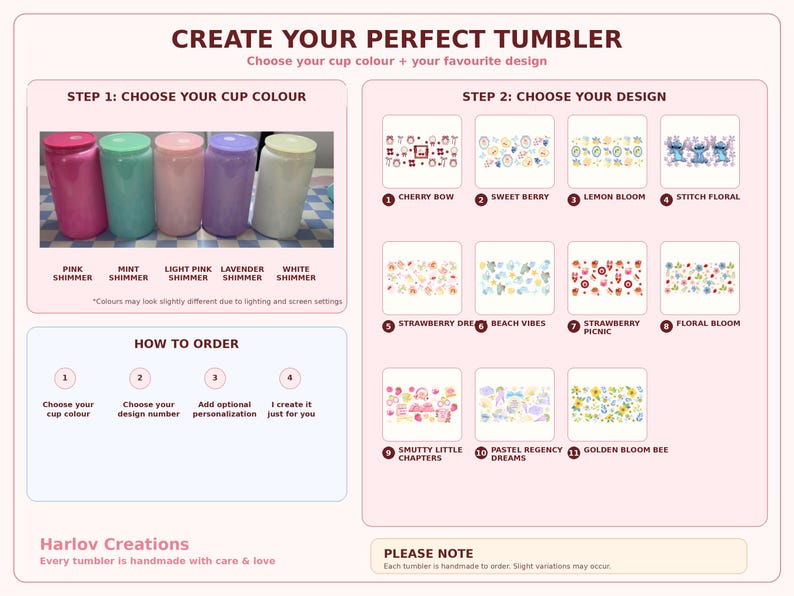 K&ouml;nnte beinhalten: Eine Produkt&uuml;bersicht f&uuml;r individuelle Becher. Die &Uuml;bersicht zeigt f&uuml;nf schimmernde Becherfarben: Pink, Mint, Hellrosa, Lavendel und Wei&szlig;. Elf Designoptionen werden angezeigt, darunter Blumen-, Obst- und Charakterthemen. Der Text lautet: "Erstelle deinen perfekten Becher."