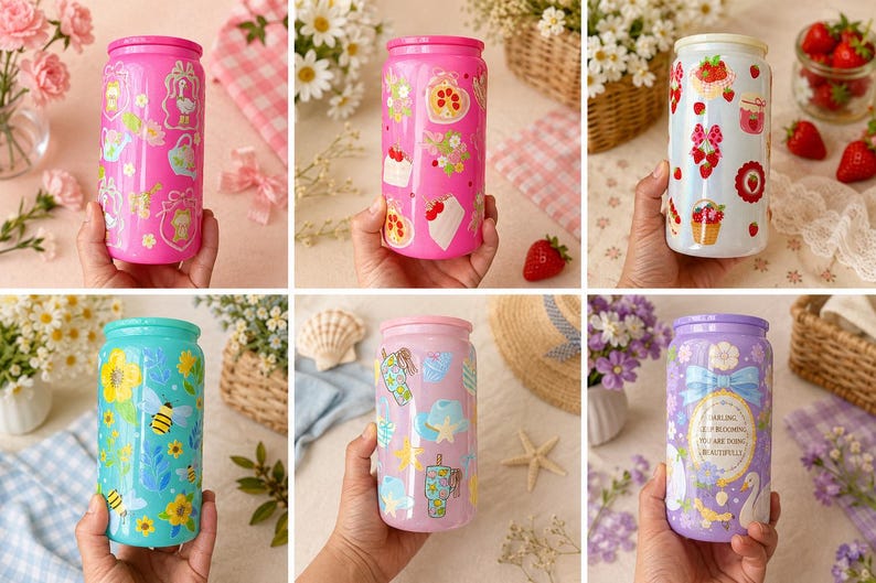 K&ouml;nnte beinhalten: Eine Sammlung farbenfroher, zylindrischer Trinkgef&auml;&szlig;e mit verschiedenen Designs. Die rosa, blauen und lila Becher sind mit floralen, fruchtigen und skurrilen Illustrationen verziert. Jeder Becher wird gehalten, um die Gr&ouml;&szlig;e und das Design des Produkts zu zeigen.