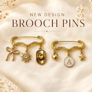 Gold Brooch Pin, Custom Charm Options with Initial Letter Choices