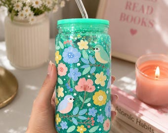 Glitzer Schneekugel Tasse | Floraler Vogel Becher mit Trinkhalm