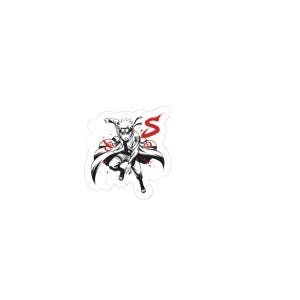 May include: A black and white sticker featuring a dynamic illustration of a character in action pose. The character is wearing a white coat and orange headband. Red accents include a stylized 'S' and circular designs.