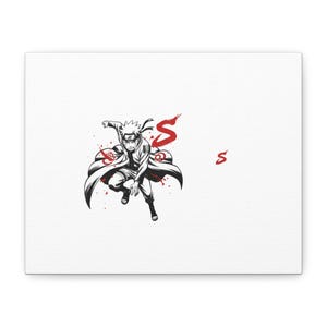 Puede incluir: Impresión en lienzo con una ilustración en blanco y negro de un personaje de anime en una pose dinámica. El personaje lleva un abrigo largo y tiene el pelo puntiagudo. También hay detalles en rojo y la letra "S".