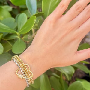 Gold Beaded Heart Bracelet, Triple Strand Stretch Bracelet, Minimalist Stack Jewelry Gift for Her