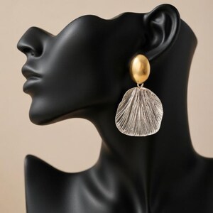 Gold and Silver Statement Dangle Earrings – Textured Shell Drop Earrings