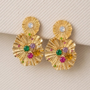 Gold Flower Statement Earrings, Colorful Crystal Drop Earrings, Floral Dangle Earrings, Bold Boho Jewelry, Gift for Her
