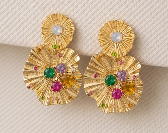 Gold Flower Statement Earrings, Colorful Crystal Drop Earrings, Floral Dangle Earrings, Bold Boho Jewelry, Gift for Her