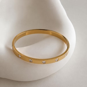 Gold Bangle Bracelet with CZ Stones, Stainless Steel Bracelet for Women, Luxury Crystal Bangle, Elegant Jewelry Gift