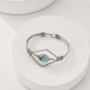 Silver Wire Wrapped Turquoise Cuff Bracelet, Handmade Boho Bangle, Adjustable Silver Bracelet, Natural Stone Bracelet, Minimalist Gift