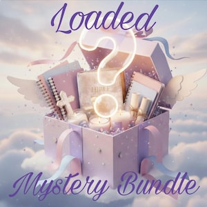 May include: A pink gift box labeled "Loaded Mystery Bundle" filled with a Bible, notebooks, candles, and a cross. The box has angel wings and a large question mark. Ribbons and a cloudy sky background complete the image.