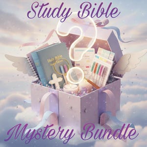 May include: A mystery bundle with a Study Bible, pens, a cross, and a magnifying glass. The items are in a decorative box with angel wings and the words "Study Bible" and "Mystery Bundle". The background is a cloudy sky.