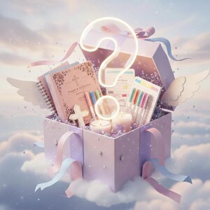 May include: A light purple gift box filled with a prayer journal, pens, candles, and a cross. The box is decorated with ribbons and angel wings, and a glowing question mark hovers above it. The items are set against a cloudy sky.