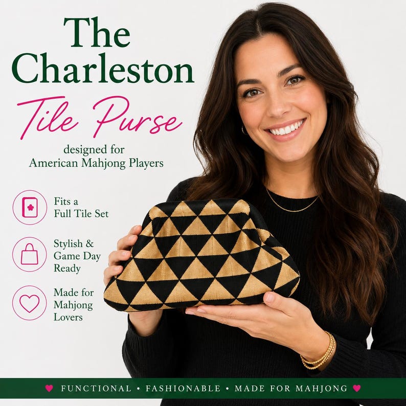 May include: A black and gold triangular patterned clutch purse with a frame closure. Text on the image reads: The Charleston Tile Purse, designed for American Mahjong Players, Fits a Full Tile Set, Stylish & Game Day Ready, Made for Mahjong Lovers, FUNCTIONAL &bull; FASHIONABLE &bull; MADE FOR MAHJONG.