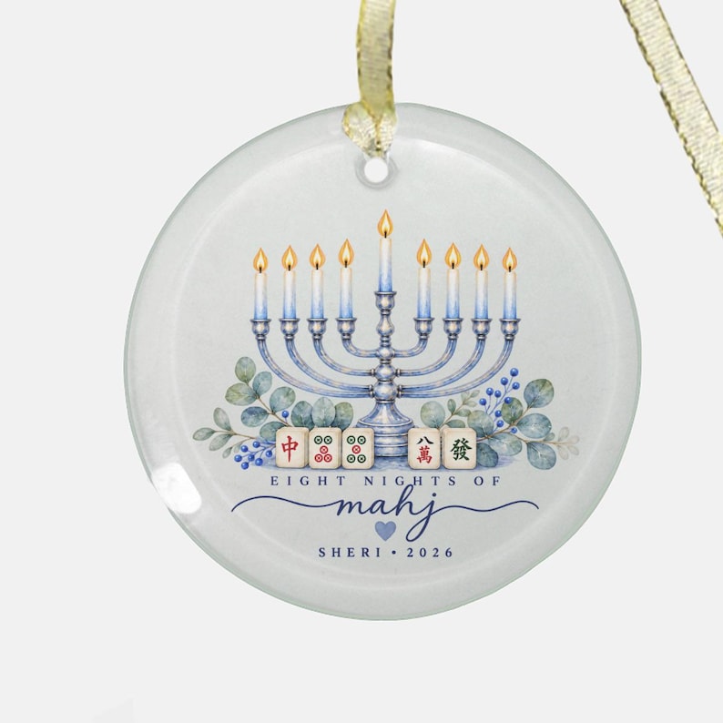 Clear Glass Round Hanukkah Mahjong Ornament