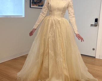 Vestido sencillo de princesa de manga larga estilo vintage de los años 50 con escote de encaje, talla XS.