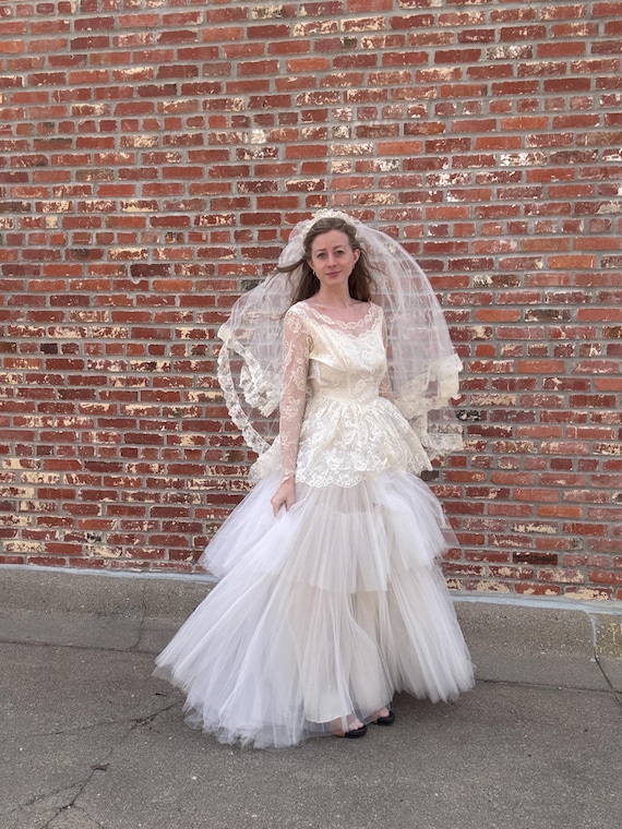 vintage layered wedding dresses 1950's Tulle and Lace Gown, Wedding Dress Size Medium chunky knit dress