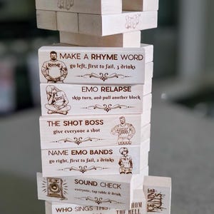 Premium Giant Rock Metal Music Festival Tumbling Tower Drinking Game | Whitewash Stain | Custom Party Block Set | Drinking Tower