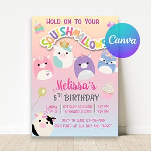 May include: A birthday party invitation with a pastel color scheme. The invitation features the text "Hold on to your Squishmallows" and "Melissa's 5th Birthday". It includes cartoon characters, a cupcake, and a balloon.