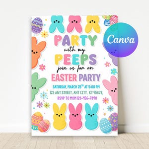 Puede incluir: Una invitación a una fiesta de Pascua con ilustraciones de conejos y huevos coloridos. El texto de la invitación dice "Party with my Peeps" e incluye detalles del evento. El diseño utiliza colores pastel y acentos florales.