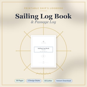 May include: A printable sailing log book and passage log document featuring a central compass rose graphic. The cover displays the text Sailing Log Book & Passage Log in a serif font, with a light blue border and additional nautical line art.
