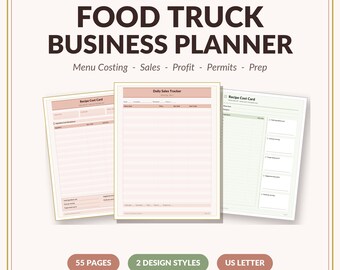 Pianificatore aziendale per food truck stampabile in PDF / Menu, costi, monitoraggio delle vendite, lista di controllo per la preparazione, organizzatore di alimenti mobile / Download immediato