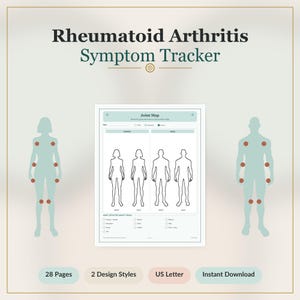May include: A Rheumatoid Arthritis Symptom Tracker document featuring a Joint Map with outlines of female and male figures, front and back views. The page includes checkboxes for tracking affected joints, labeled 28 Pages, 2 Design Styles, US Letter.