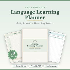 Könnte beinhalten: Ein 38-seitiger Sprachlernplaner im druckbaren PDF-Format. Das Deckblatt enthält den Text 'Language Learning Planner' und 'Study Journal + Vocabulary Tracker'. Es enthält eine Seite für einen wöchentlichen Studienplan und ein Vokabelheft.