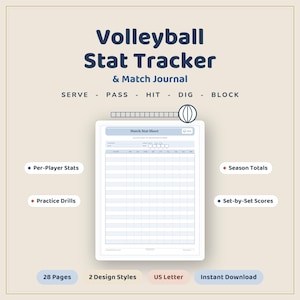 May include: A Volleyball Stat Tracker & Match Journal featuring a Match Stat Sheet with columns for serve, pass, hit, dig, and block. The document includes sections for per-player stats, season totals, practice drills, and set-by-set scores in US Letter size.