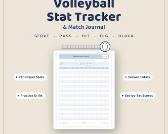 May include: A Volleyball Stat Tracker & Match Journal featuring a Match Stat Sheet with columns for serve, pass, hit, dig, and block. The document includes sections for per-player stats, season totals, practice drills, and set-by-set scores in US Letter size.